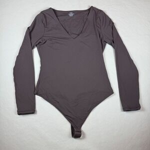 SUUKSESS Womens XL V-Neck Long Sleeve Bodysuit Thong Bottom Taupe Brown Stretch